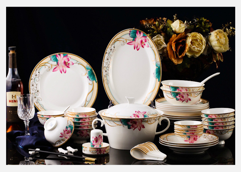 新款海格尔骨质瓷碗盘 中式景德镇花卉陶瓷 美观优雅礼品餐具套装