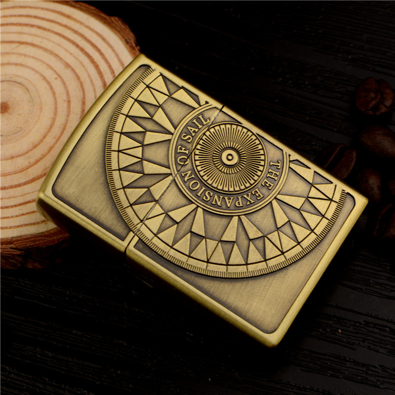 Relief Navigation Compass Metal Gas Creative Upscale Gift Grinding Wheel Open Flame Gas Lighters Vintage Bronze