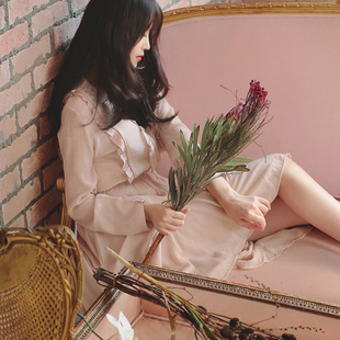 韩国milkcocoa甜心长袖粉色中长款连衣裙圆领木耳边松紧甜美女装