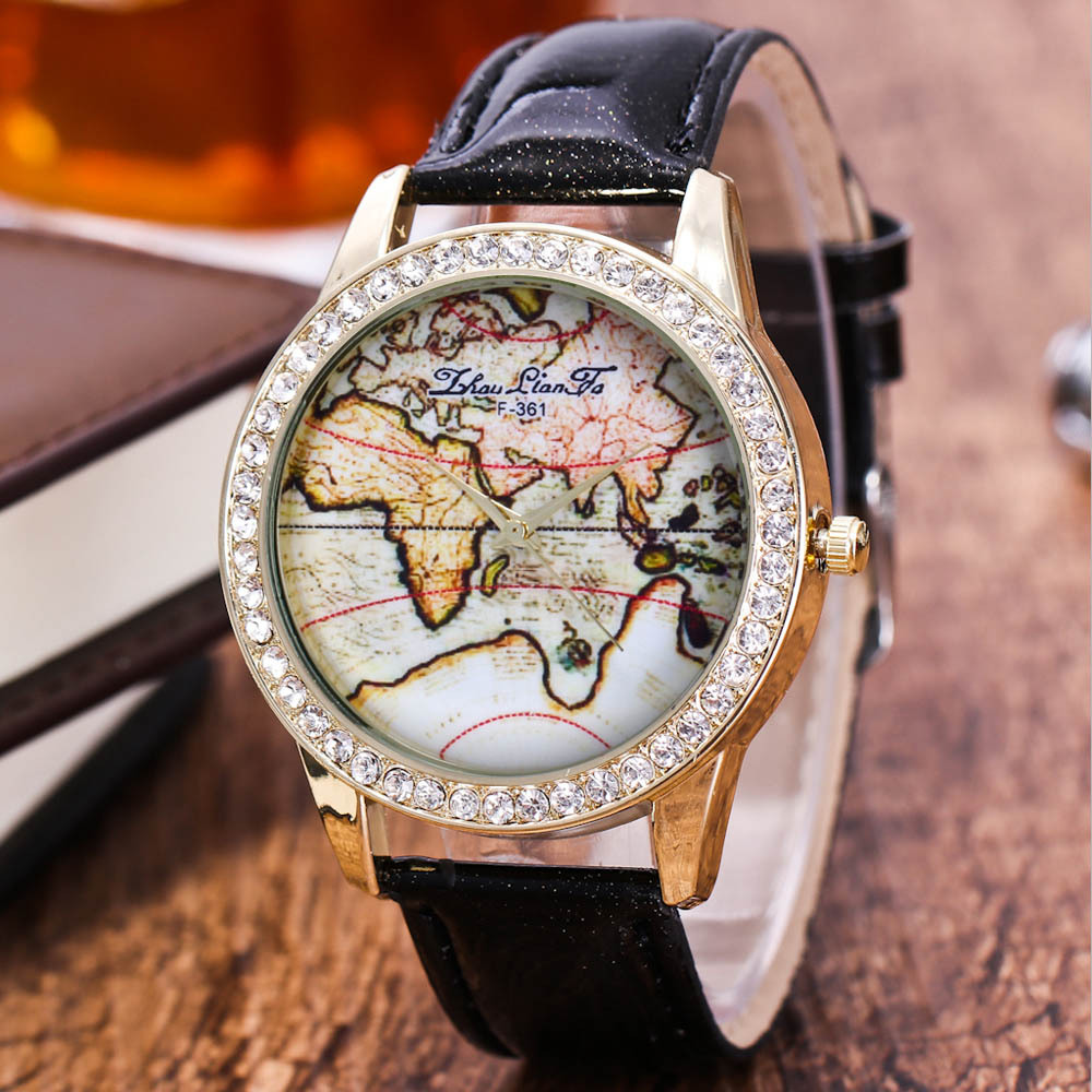 周连发zhoulianfa 流行高档生活防水手表 水晶纹皮革情侣地图手表