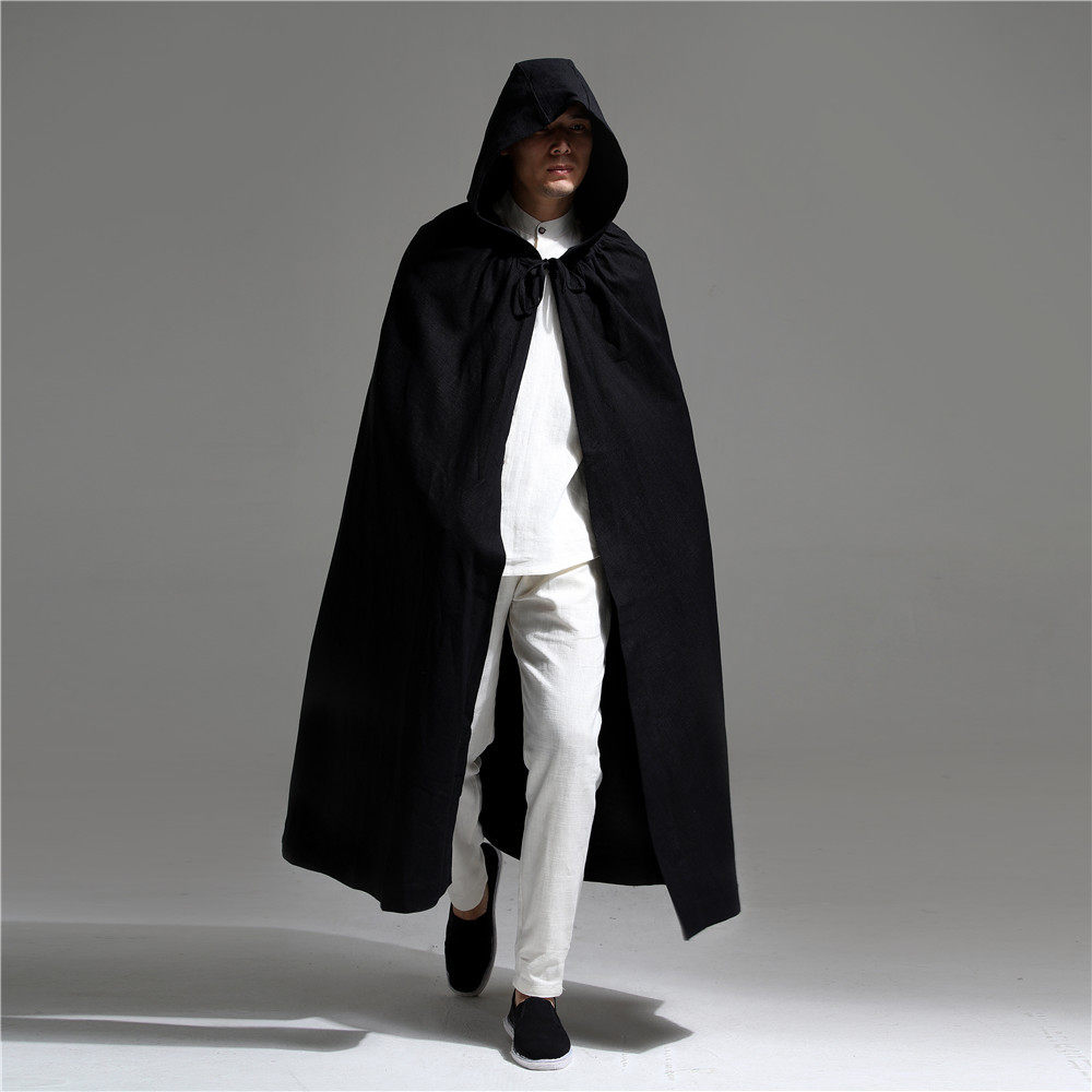年阿萨佑棉麻服饰 带帽斗篷大风衣中国风男装 长款披风外套21