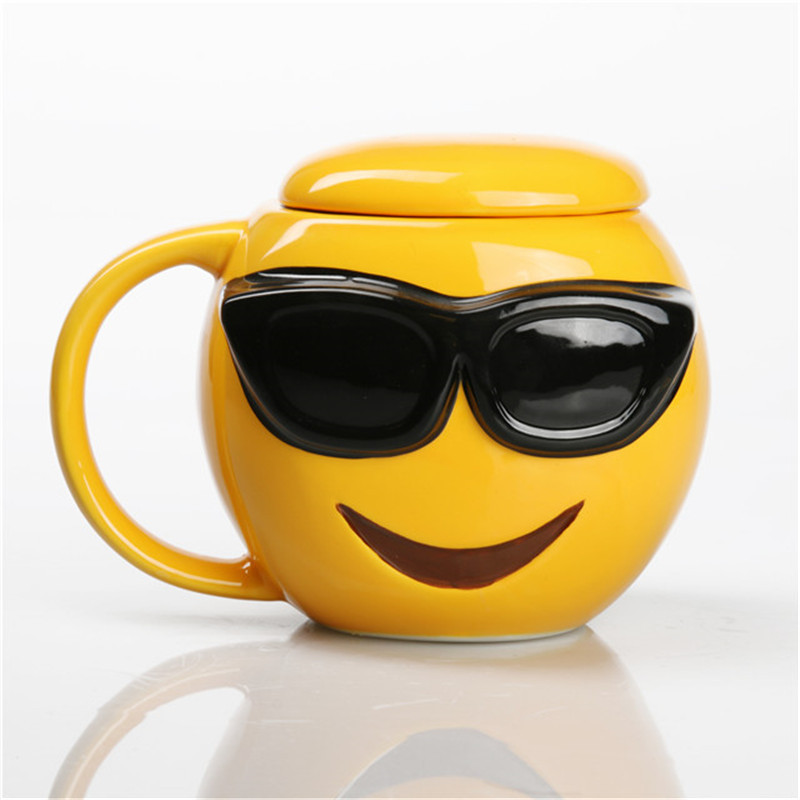 带盖qq表情笑脸陶瓷杯 俏皮表情情侣杯子 个性水杯 咖啡杯