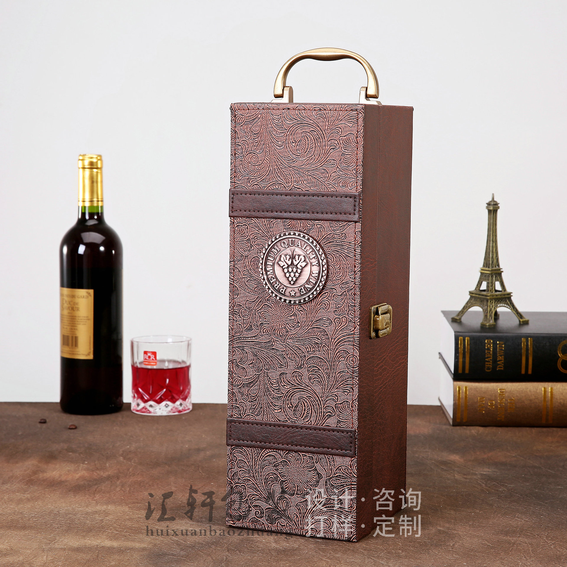 单支凤尾纹红酒洋酒高档包装盒 葡萄酒礼品盒仿古盒现货加工定做