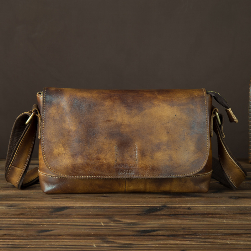 新款复古男包男士植鞣牛皮单肩包真皮休闲包手工擦色包包新款皮包