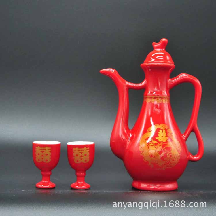 Wedding Happy Wine Pot Set Happy Dragon and Phoenix Red Wedding Celebration Ceramic Wine Pot Wine Glass Combination Wholesale