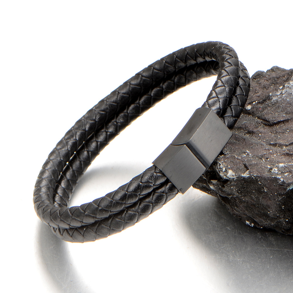 复古风皮绳子皮手链 双皮绳搭配黑色扣皮手链