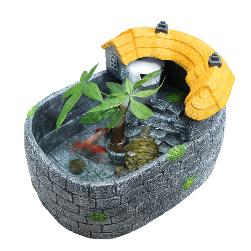 创意小型鱼缸迷你型造景养龟缸别墅仿生态鱼龟混养缸乌龟缸带晒台