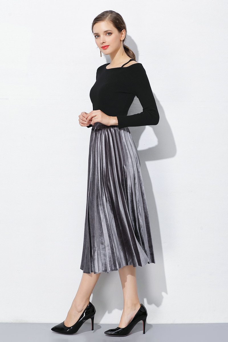 2019秋冬新款韩版百搭金丝绒百褶裙半身裙金属色中长款女8222