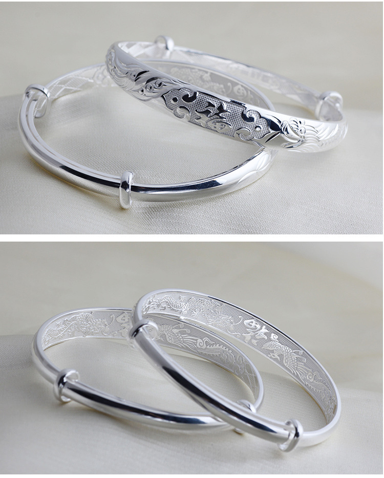 纯银s999足银镯子 福字推拉花纹手镯 送母亲送老人节日礼物