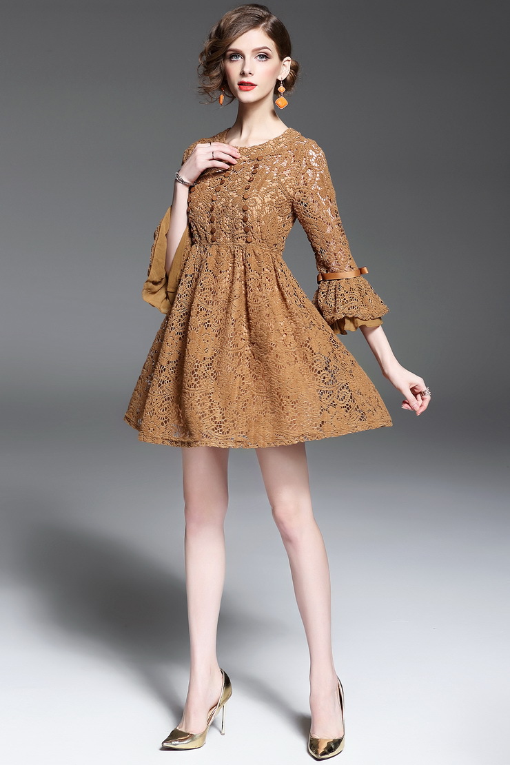 2017春夏女装新款欧美时尚蕾丝短裙微喇拼接连衣裙905686