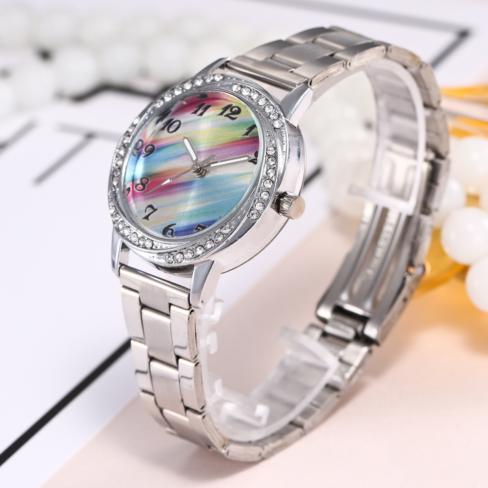 khorasan新款时尚女士彩虹手表简约数字镶钻石英手表女款手表代发