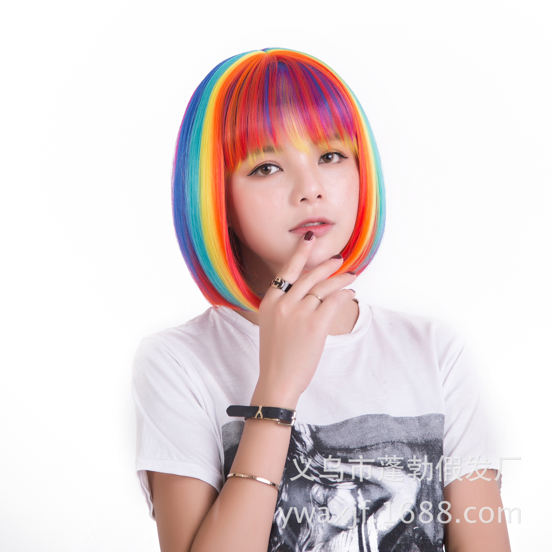 厂家批发 彩虹波波头假发彩色短发欧美女爆款假发头套cosplay