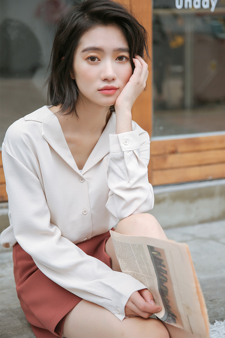 2017秋季新款韩版学院风文艺范复古西装领百搭宽松长袖雪纺衬衣