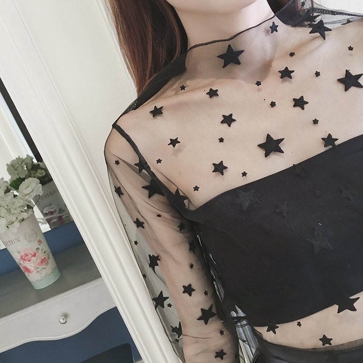 2017韩版网纱打底衫 透视甜美修身百搭网格网纱衣蕾丝长袖上衣