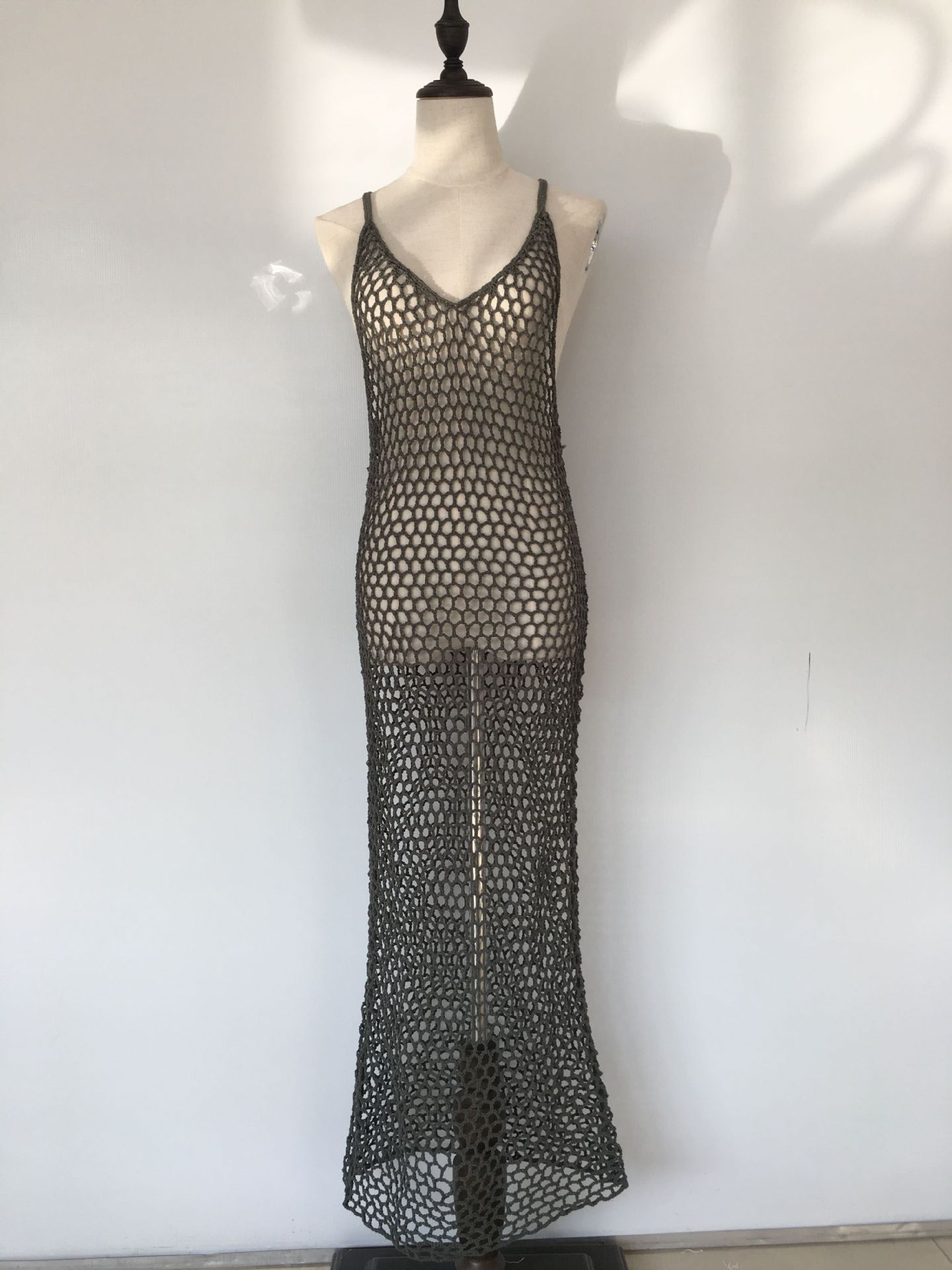 欧美度假女装新款手钩沙滩罩衫波西米亚手工针织渔网镂空比基尼裙