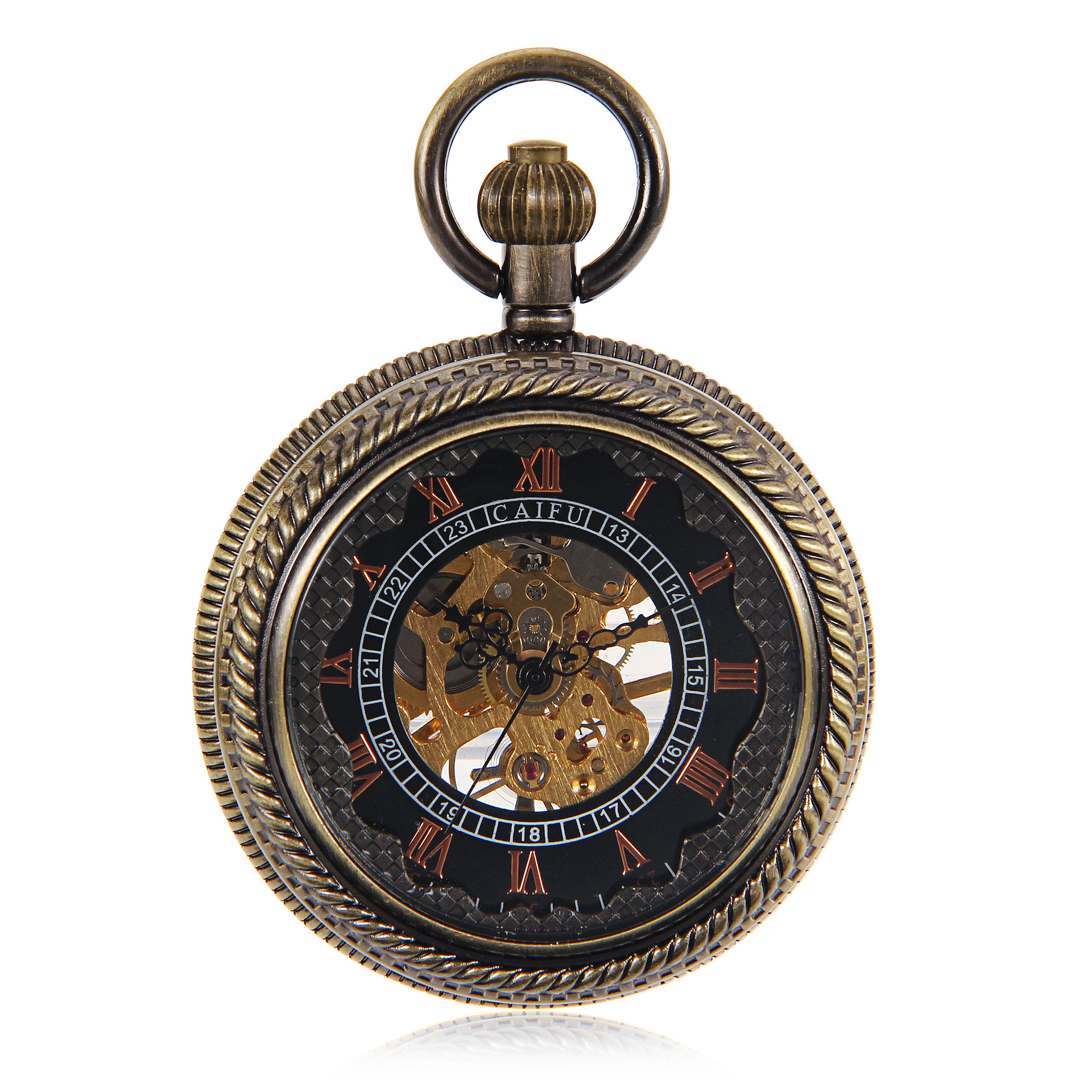 品牌caifu男士大齿轮表壳翻盖透明机械怀表罗马字简约复古机械表