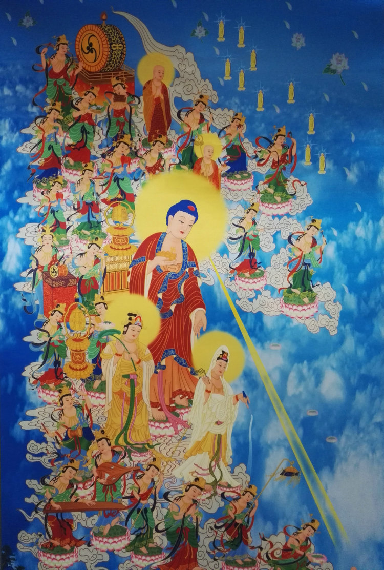 西方极乐世界接引图竖版卷轴画 阿弥陀佛接引图 丝绸卷轴佛画