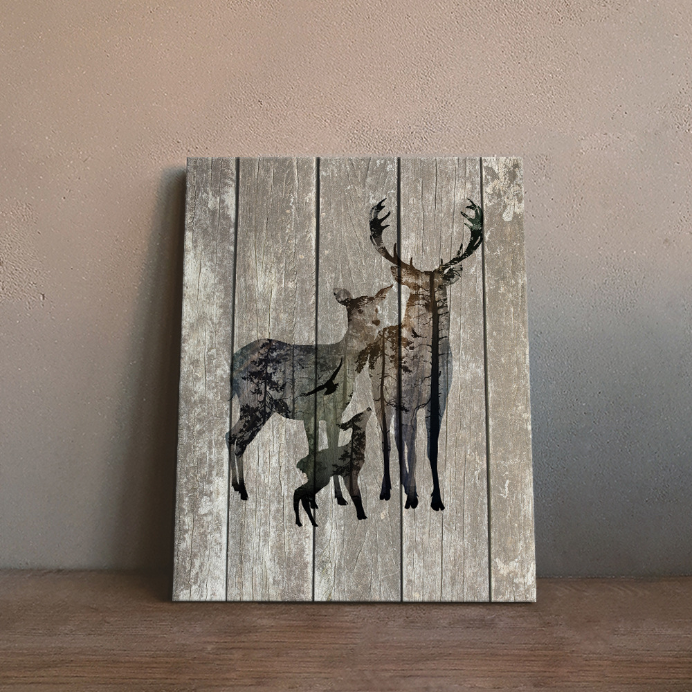 因之 木纹装饰画 麋鹿北欧复古简约酒店客厅卧室墙画挂画wgbd016m