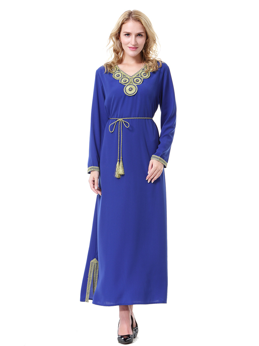 阿拉伯中东服饰穆斯林女士佐绩麻长袖金花长袍长裙连衣裙,th910