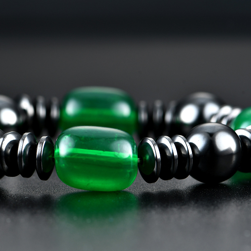 磁性黑色磁石手链绿色点缀时尚纯手工皮绳编织手串跨境电商货源