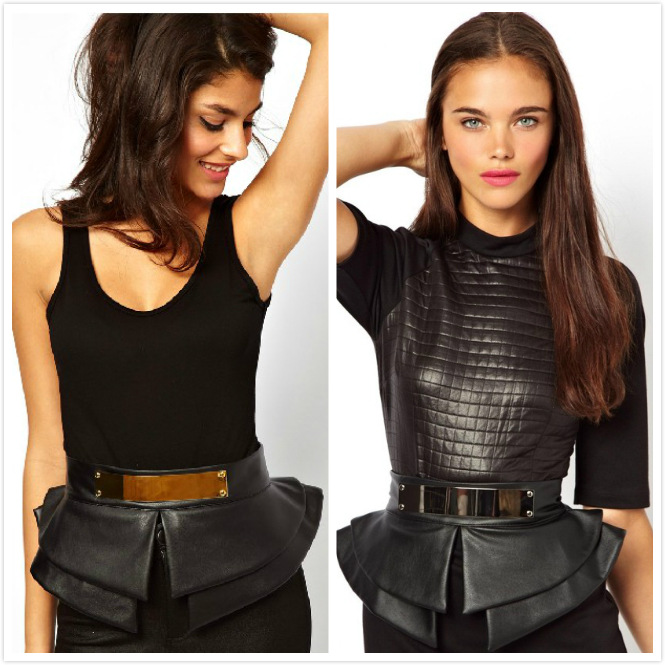 欧美超宽腰封 女士金属铁片镜面装饰宽腰带 双层荷叶边裙摆腰封