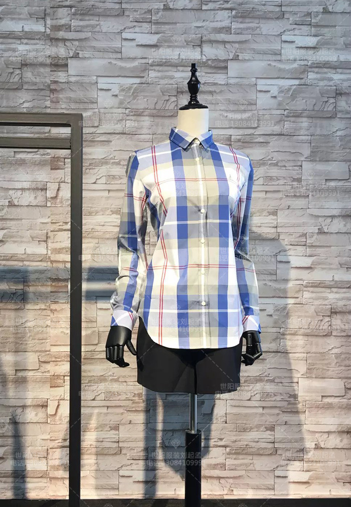 韩国17春季新款 滨波bean pole蓝色格子女式衬衫女装上衣衬衣