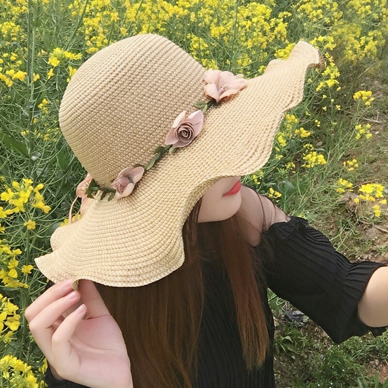 Summer Korean Style Women's Straw Hat Wooden Ear Flower Wave Edge Sun Hat Big Brim Hat Beach Sun Hat