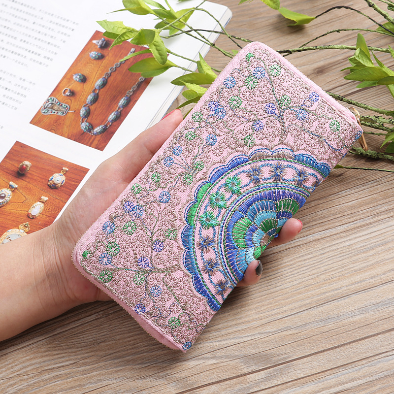2023 New Yunnan National Style Long Zipper Handbag Fabric Double Sided Embroidery Women's Wallet Wholesale Supply