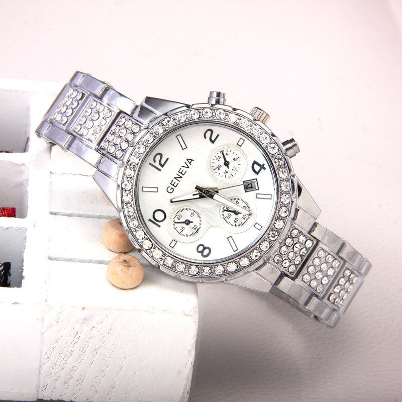 Foreign Trade Popular Style Fashion Women's Watches Geneva Three Eyes Diamond Steel Strap Calendar Watch Women's Quartz Watch
