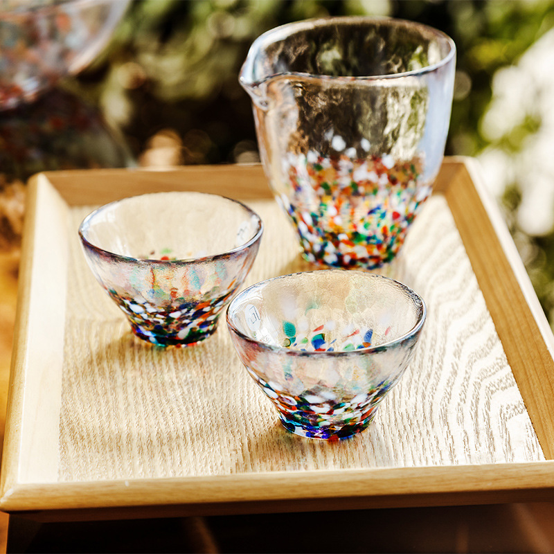 日本进口津轻手工玻璃 五彩斑斓水杯 玻璃公道杯水果碗