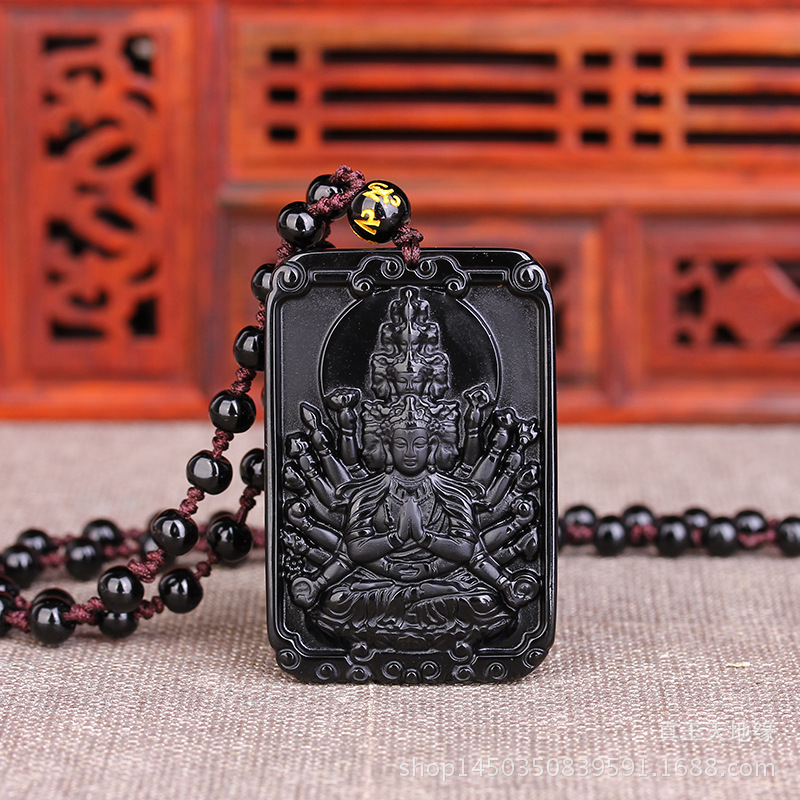 开光正品黑曜石本命佛千手观音十二生肖属鼠守护神吊坠项链男女款
