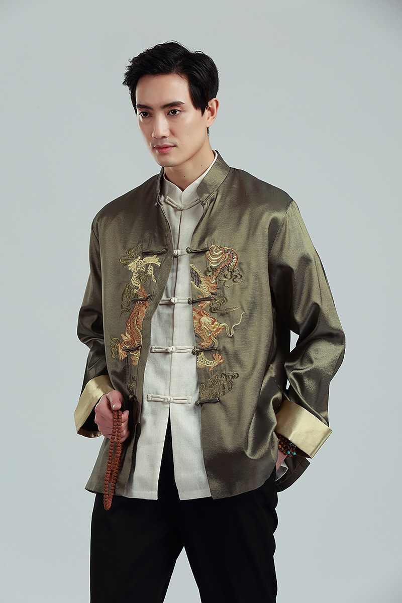 刺绣金双龙翻袖唐装男士长袖外套2318-2春秋冬男装休闲立领男上衣
