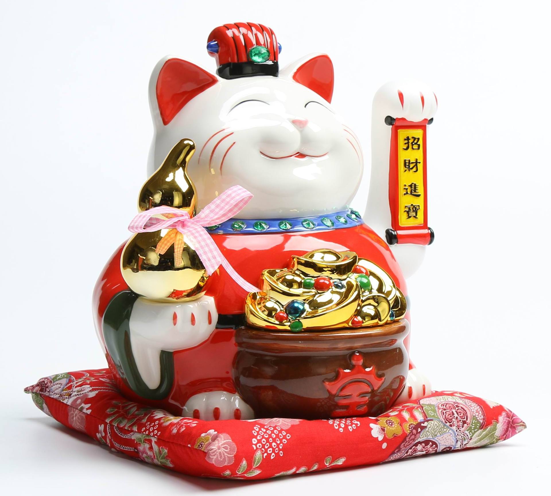 万亿堂中国风陶瓷摇手招财猫 11寸聚宝盆开业礼品摆件