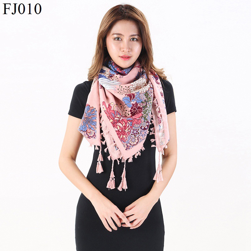 European and American Autumn and Winter New Pure Cotton Large Kerchief Tassel Thickening Print Scarf Ethnic Style Retro Cross-Border Warm Shawl