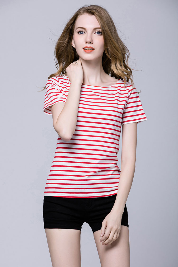 2017夏季新款一字领修身纯棉短袖女式大码显瘦黑白红蓝条纹t恤