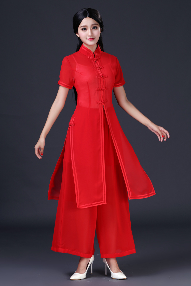 唐装女套装修身中国风复古盘扣开衫越南奥黛旗袍阔腿裤两件套夏