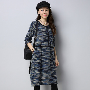 2017秋装新款韩版大码女装时尚棉麻打底连衣裙 长袖宽松中长裙