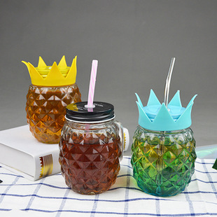 创意菠萝成人大容量玻璃吸管杯子学生加厚带盖饮料果汁梅森杯批发