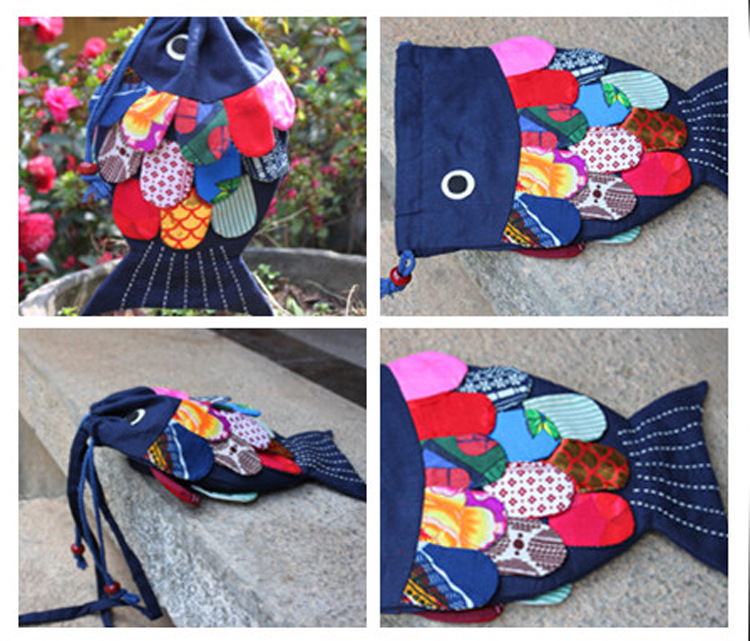 现货民族风可爱小鱼背包特色手工布艺鱼包布包零钱包钥匙包斜挎包