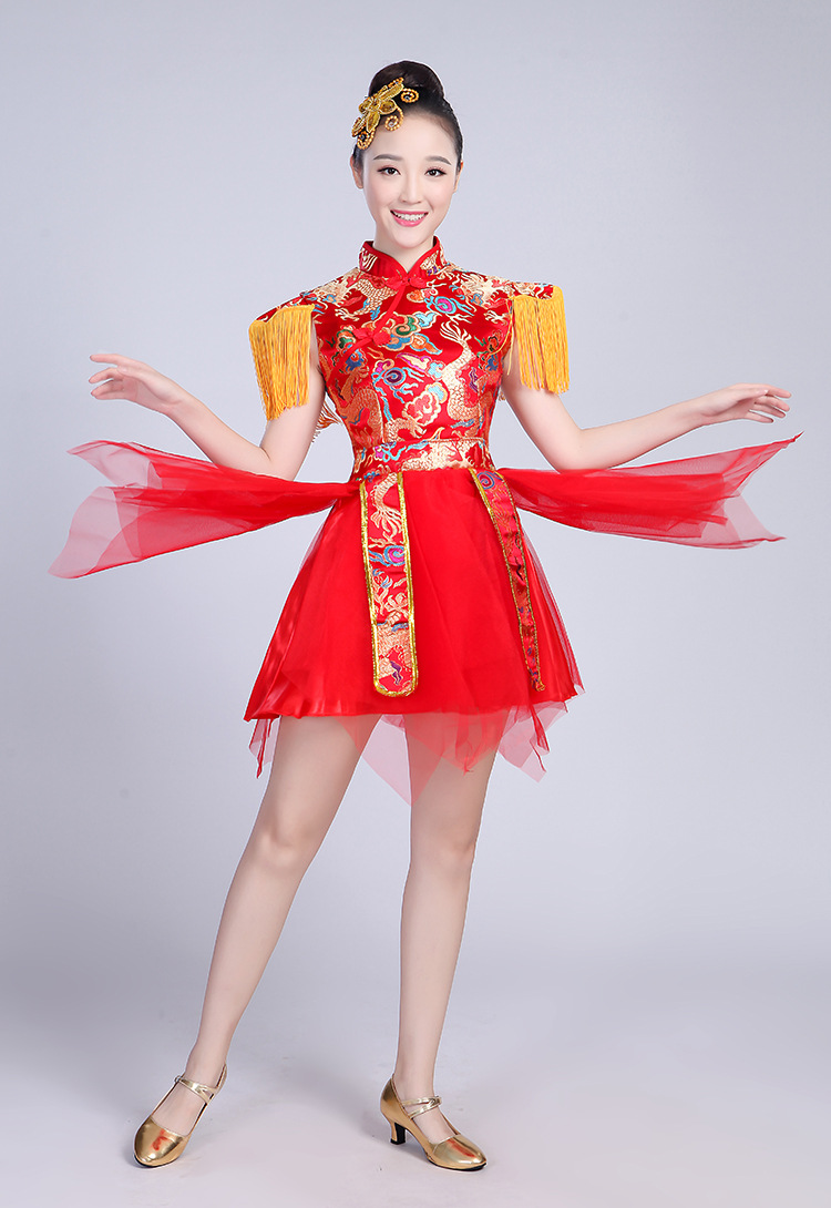 打鼓水鼓舞蹈服装现代开场舞中国风民族伴舞演出服成人女流苏纱裙