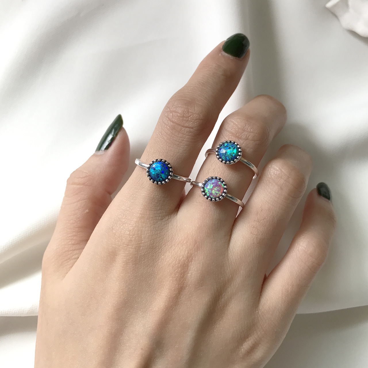范智乔范智乔mini工作室韩国韩版s925纯银opals三色欧泊石戒