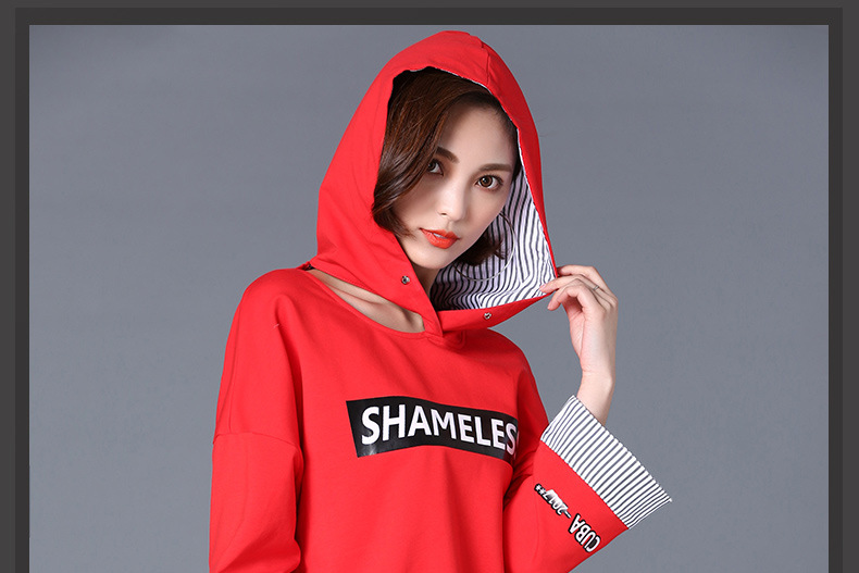 oubogj红色t恤女长袖宽松2017春装新款潮韩版连帽上衣百搭体恤衫