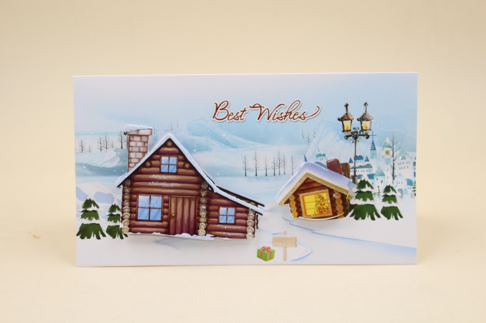 新款直销创意手工立体圣诞贺卡房子闪光金粉圣诞节祝福卡横版贺卡