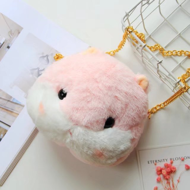 批发可爱毛绒绒小仓鼠斜挎包包粉色灰色少女软妹卡通毛茸茸单肩包