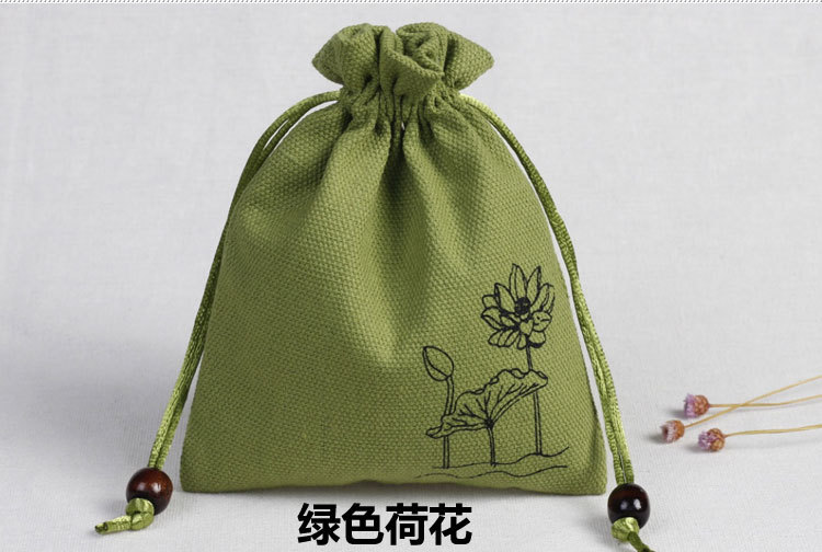 复古荷花双层佛珠麻布袋文玩收纳袋首饰抽绳礼品包装袋厂家批发