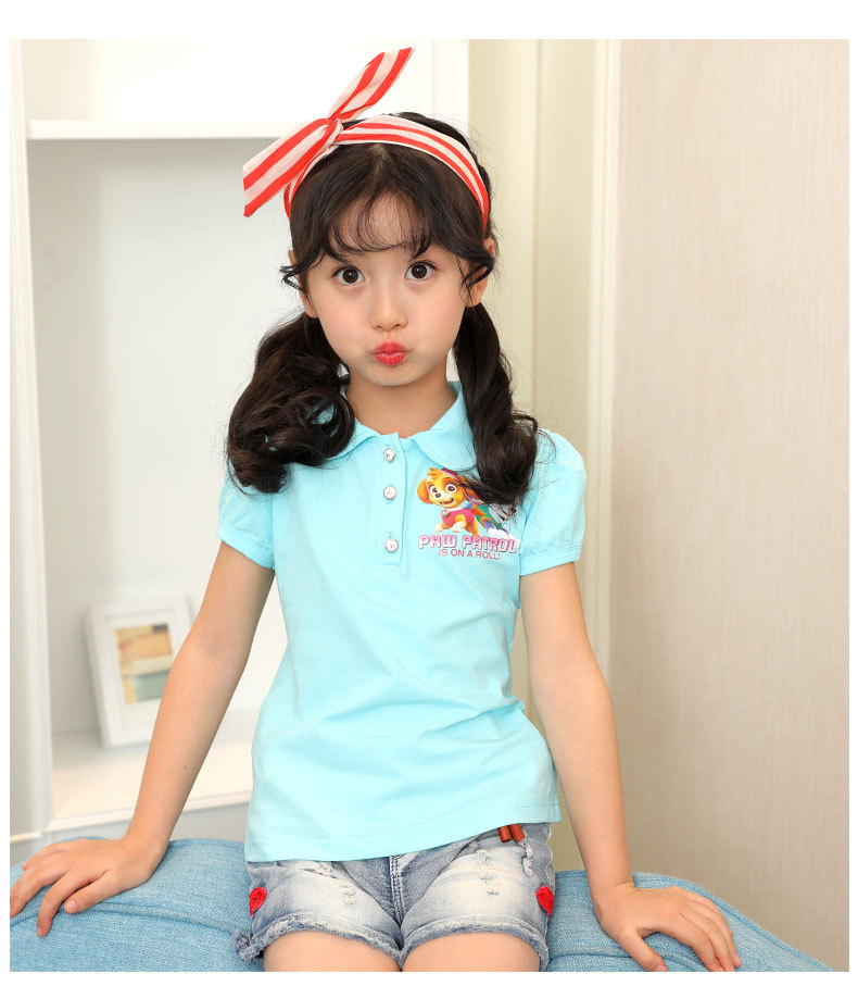 2017夏款儿童卡通松紧袖口t恤女童开胸翻领运动上衣