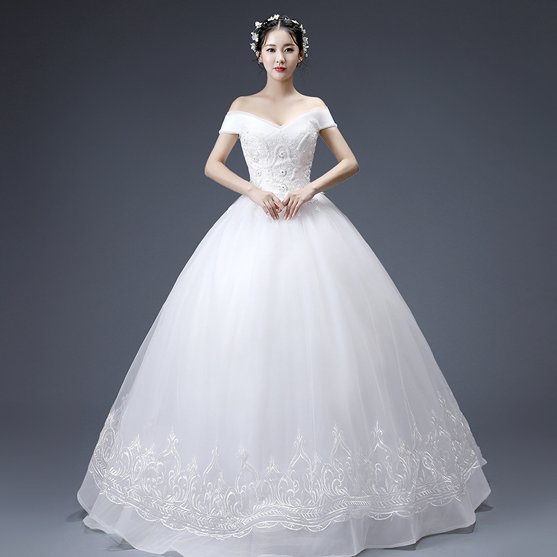 婚纱礼服长款2021春季新款时尚新娘结婚白色敬酒服一字肩齐地纱裙