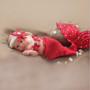 美人鱼尾新生婴儿宝宝百天摄影服装手工针织毛线睡袋头花配饰批发