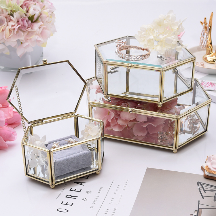 欧式简约六边复古电镀玻璃首饰盒首饰收纳盒几何体陈列展示盒道具
