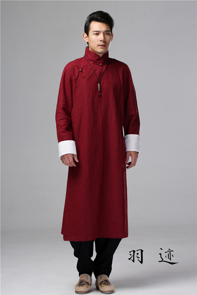 中国风男装民国风麻长袍立领复古唐装宽松长衫演出相声大褂伴郎服